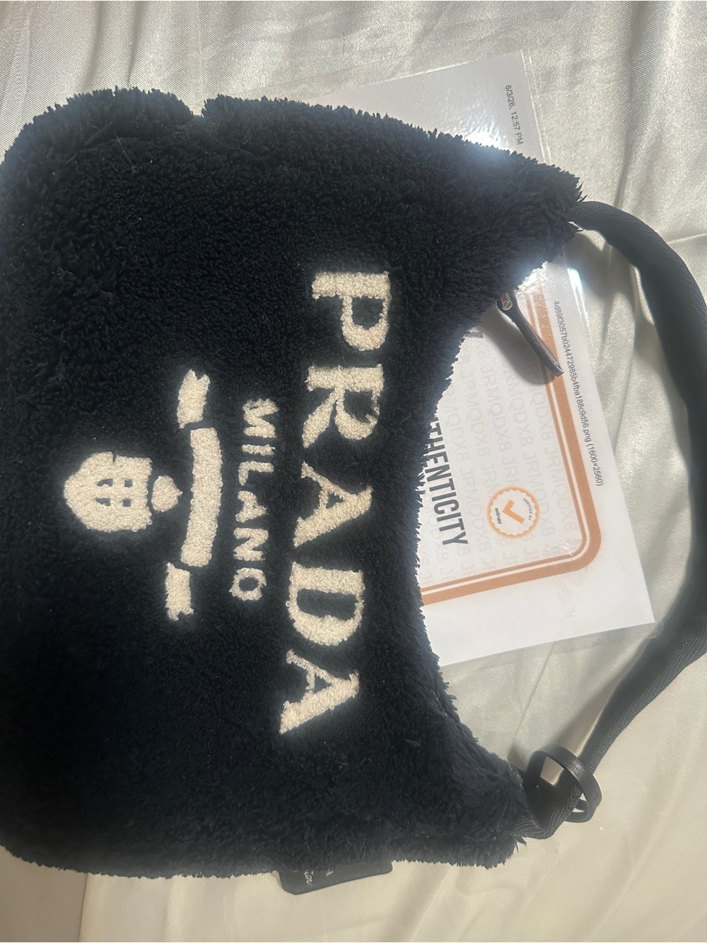 Prada Black Shearling Shoulder Bag with White Logo